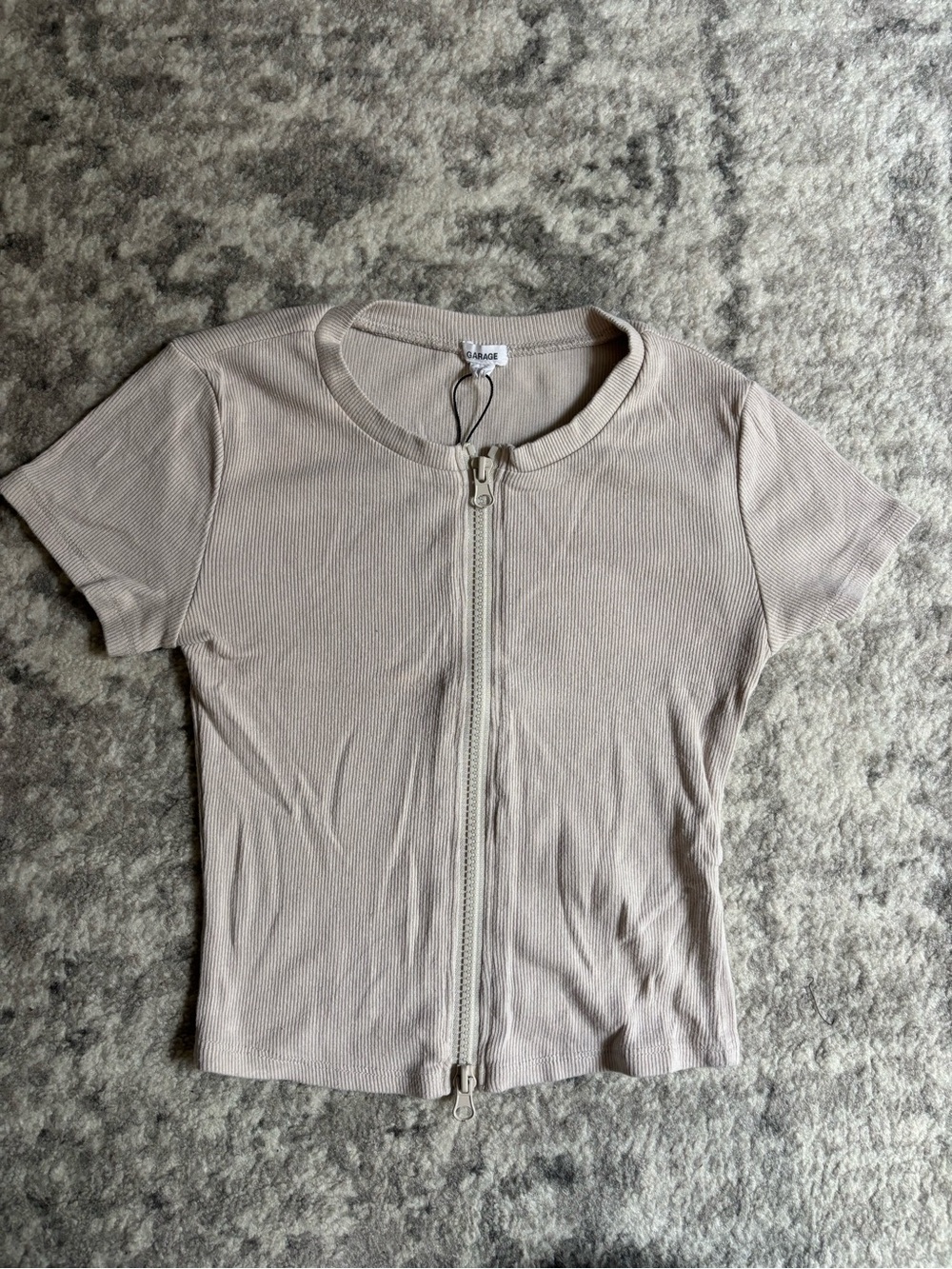 Garage Beige Ribbed Zip-Front Short Sleeve Tee
